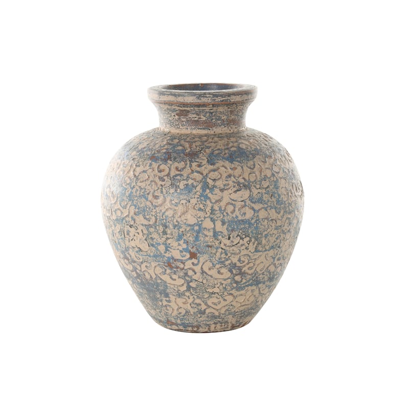 Ceramic Scroll Handmade Antique Style Wide Rounded Decorative Vase with Blue and Copper Accents - Beige - Roche River Decor