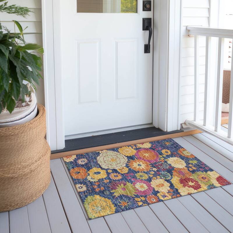 Machine Washable Indoor/ Outdoor Modern Floral Chantille Rug - Navy - 1'8" x 2'6"