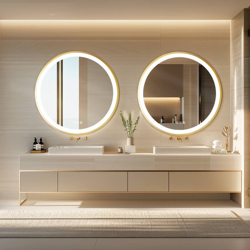 Gold Framed LED Wall Bathroom Vanity Mirror 3 Color Dimmable Anti Fog