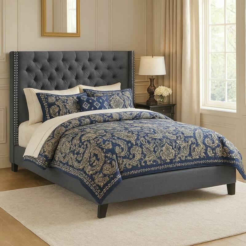 Polyfiber Upholstered Queen Size Bed Featuring Nail head Trim Blue Gray