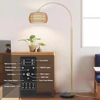 Boho Rattan Arc Floor Lamp with 3 Color Temperatures,Remote & Dimmable Bulb