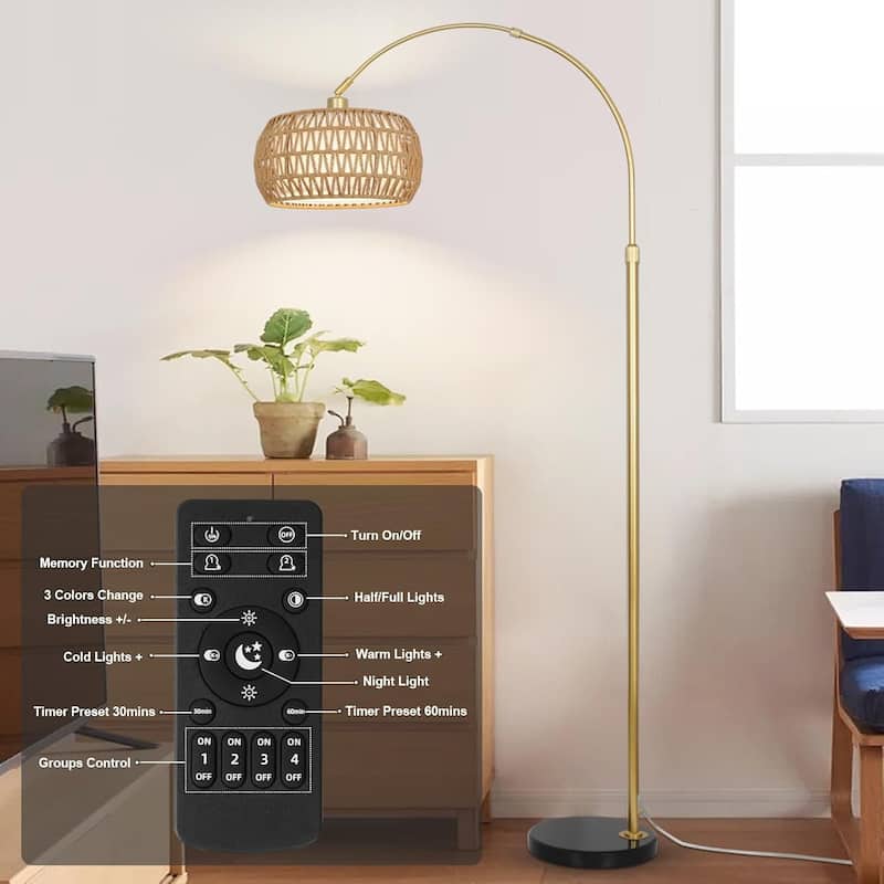 Gold Floor Lamps for Living Room,Arc Floor Lamp with Remote & Dimmable Bulb, Boho Rattan Standing lamp with 3 Color Temperatures