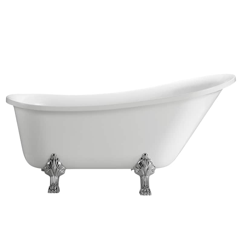 Vanity Art 68.9" Freestanding White Acrylic Bathtub Modern Stand Alone Soaking Tub with Polished Chrome & Pop-up Drain