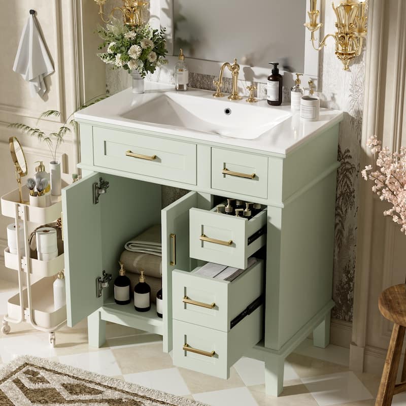 30" Bathroom Vanity with Ceramic Sink - Modern Cabinet with Soft-Close Doors, Deep Drawer & Standard Drawer - Green