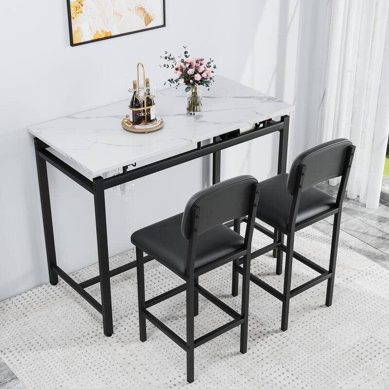 Kitchen Dining Table Chair Set, 3 Piece Counter Height Table Set with Storage Shelves and 2 Upholstered Chairs