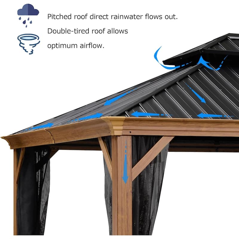 PURPLE LEAF Hardtop Gazebo Galvanized Steel Roof Gazebo Pergola Wooden Coated Alumninum Frame Wiht Mosquito Net and Light