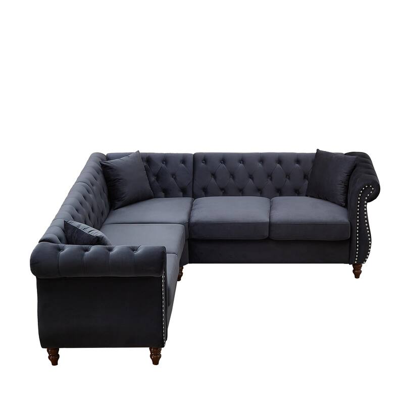 L-shape Corner Sectional Sofa with Button Tufted Back and 3 Pillows