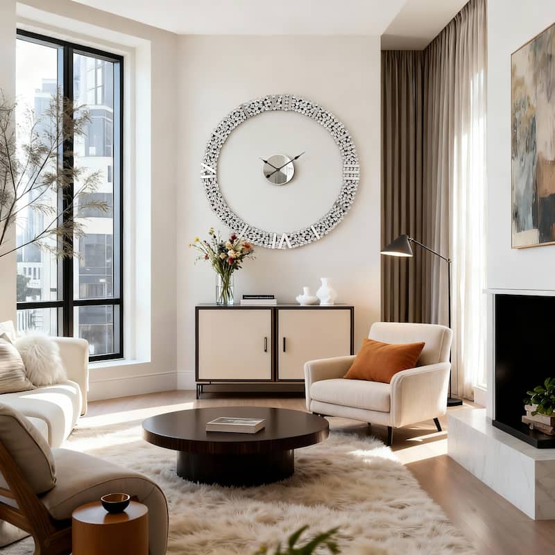 Foldable-Frame Round Wall Clock Adorned with Crystals