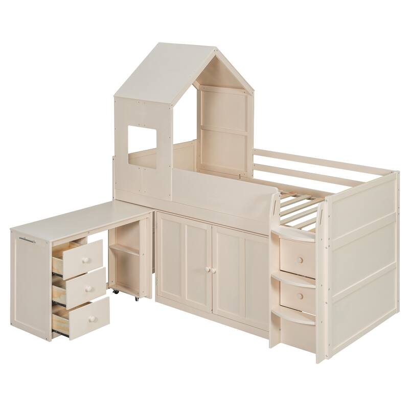 House-Style Kids Loft Bed Frame with Cabinets, Desk, Twin Size Wooden Loft Bed with Safety Guardrail & Storage Ladder