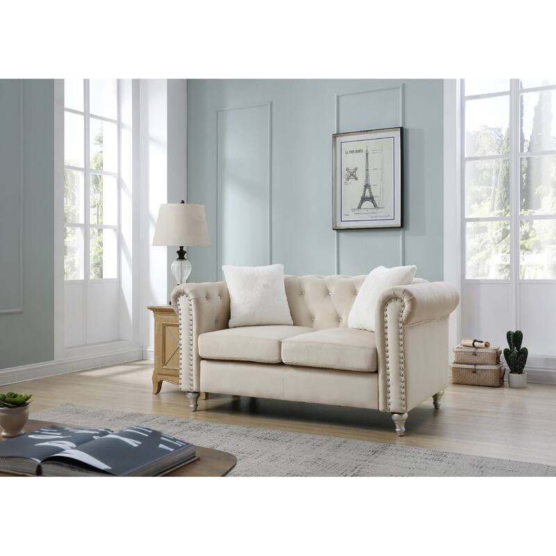 Tufted Faux Jewel Velvet 2-Seater Sofa with Throw Pillows - 60" - Beige