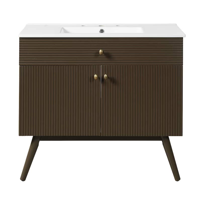 Christopher Knight Home - Modern Space Saving Striped Bathroom Vanity with Premium Ceramic Sink & Soft-Close Dual-Door Storage
