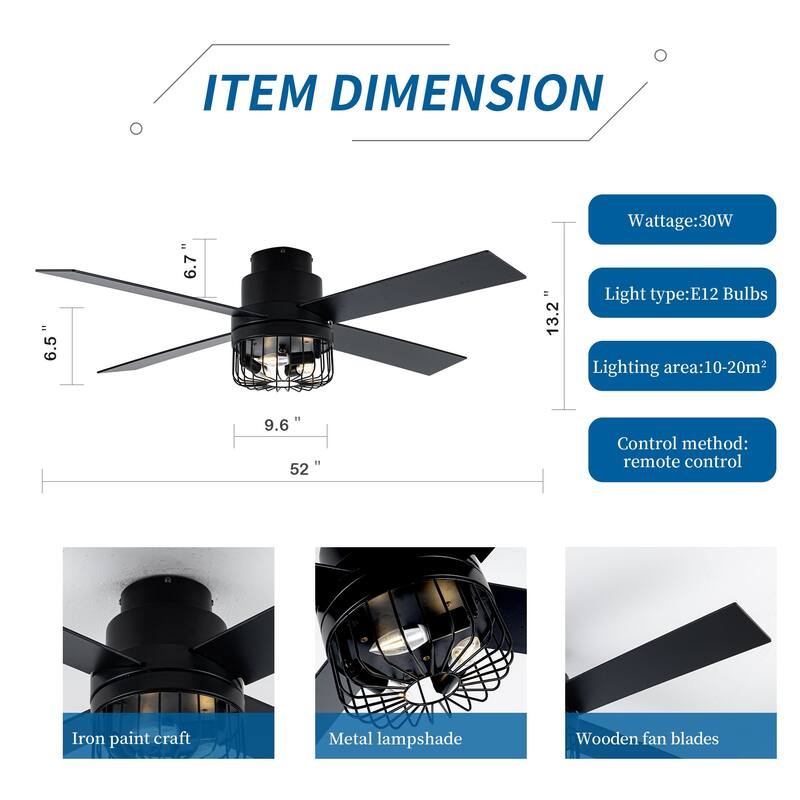Chichoice 52" Noiseless Black Modern Flush Mount Ceiling Fan Reversible Blades with Light 6 speed Timing Remote Control