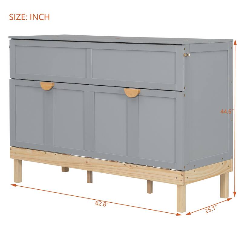 Space-Saving Queen Size Murphy Bed with Large Drawer, White/Gray Finish