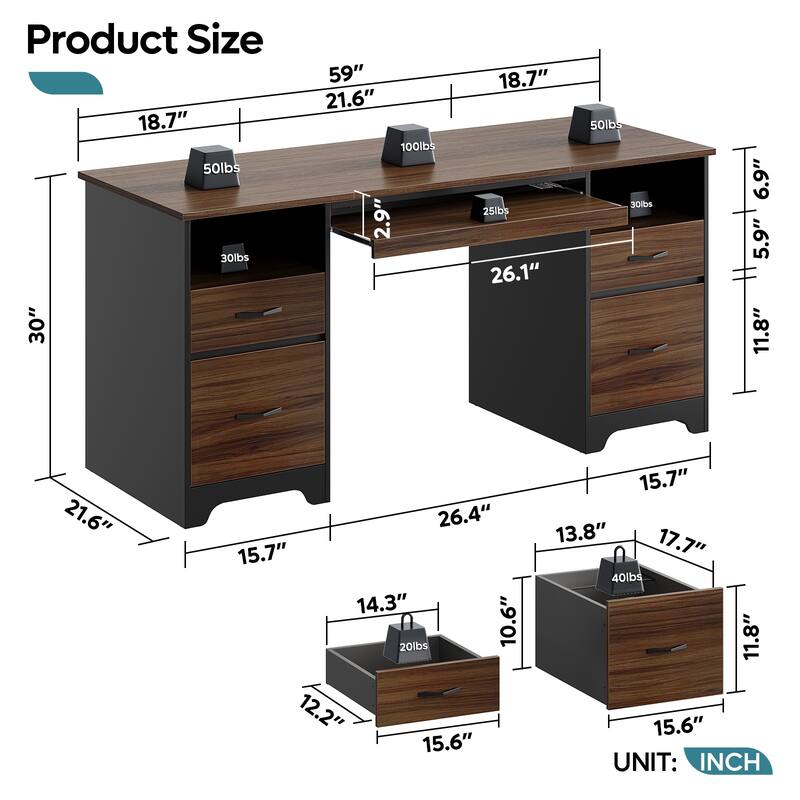 59'' Executive Desk with 2 File and Storage Drawers, Computer Desk with Keyboard Tray and 2 Open Compartments