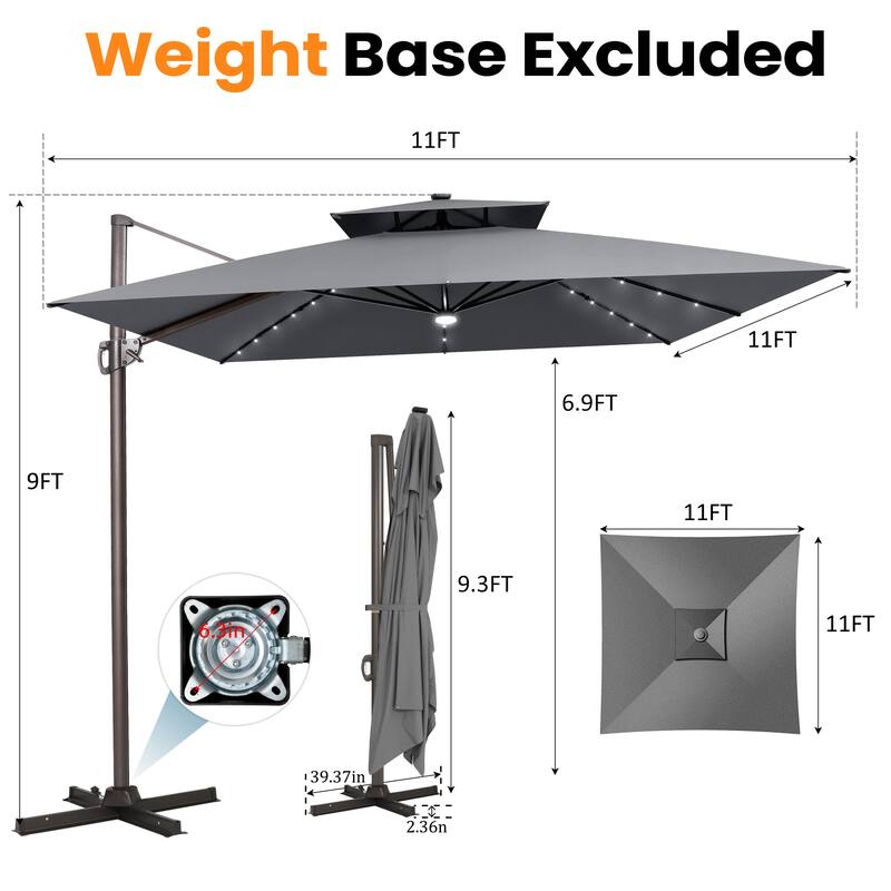 VredHom Solar LED Light 11FT Square Outdoor Cantilever Patio Umbrella without Base