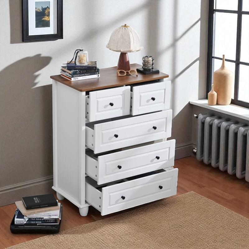 White 5 Drawer Dresser, Tall Chest of Drawers with Wide Top, Wood Storage Cabinet for Bedroom, Hallway, Office