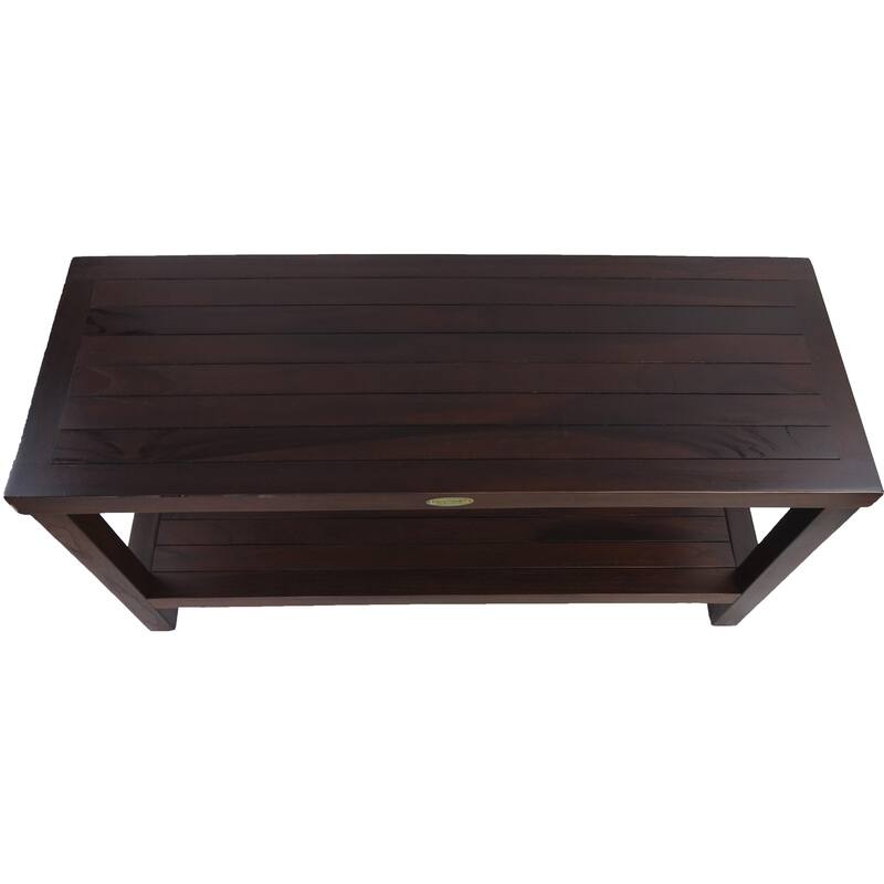 Compact Rectangular Teak Shower / Outdoor Bench with Shelf in Brown Finish