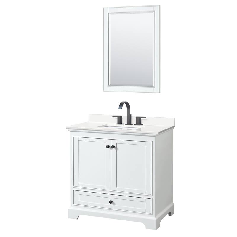Deborah 36-inch Single Vanity, Quartz Top, 24-inch Mirror - White, Black Trim, White Quartz Top