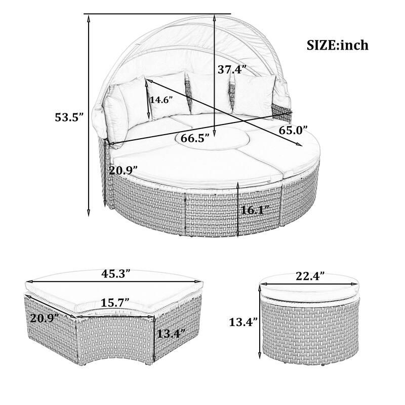 Patio Furniture, Round Outdoor Sectional Sofa Set, Rattan Daybed with Retractable Canopy, Removable Cushion