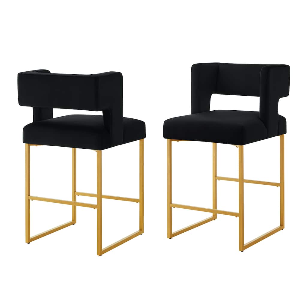 Counter Height Bar Stools Set of 2, Velvet Upholstered Bar Stools with Open Backrest, Breakfast Bar Chairs with Metal Footrest