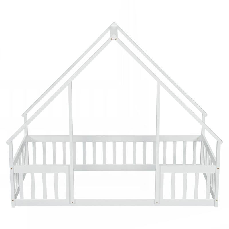 Twin Wood House-Shaped Floor Bed with Fence