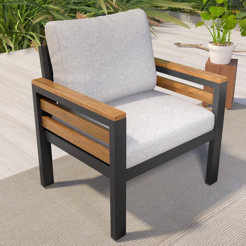 5-Person Outdoor Sofa Set with Acacia Wood Armrests and Removable Cushions