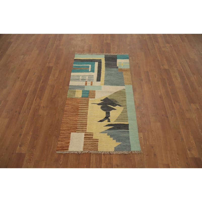 Hand Woven Oriental 100% Wool Carpet Southwestern Modern Multi-Colored Kilim Area Rug - 4' 0'' X 2' 1''