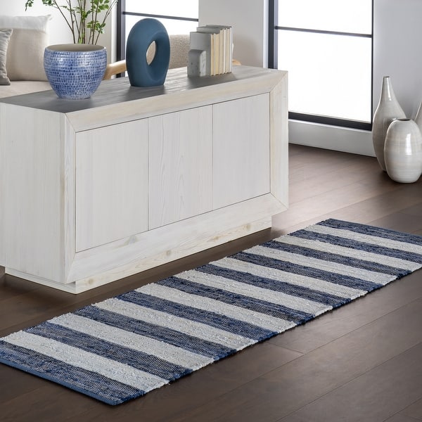 slide 2 of 11, Home Conservatory Striped Rag Handwoven Cotton Area Rug - 2'6" x 8' Runner 2'6" x 8' Runner - Blue - Runner