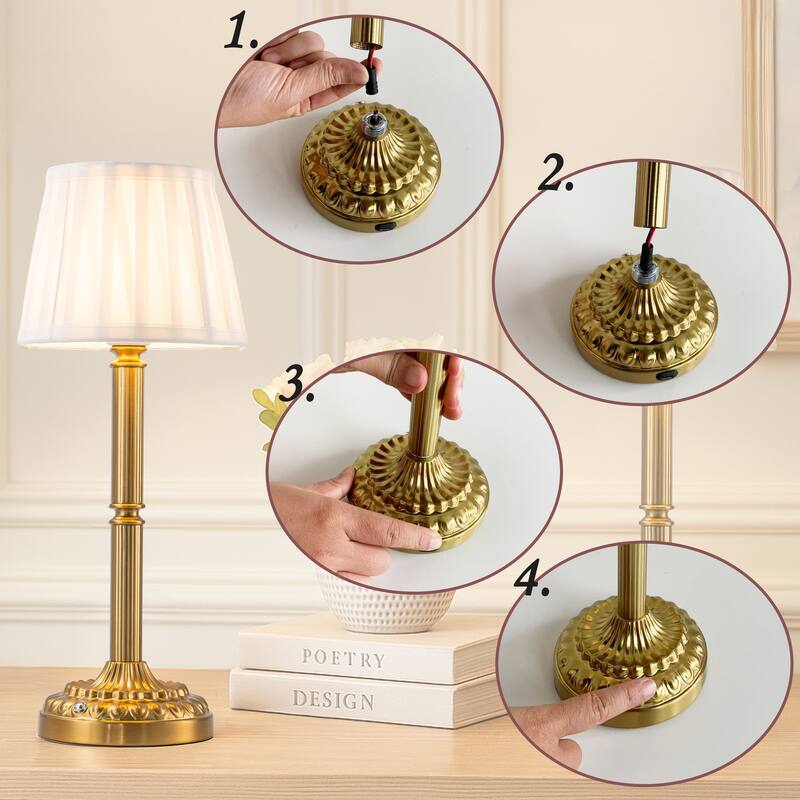 ALOADECOR Glam Cordless Brass Table Lamp Touch Control with 3 Way Classic Elegant Dimmable LED Nightstand Lamp with Fabric Shade