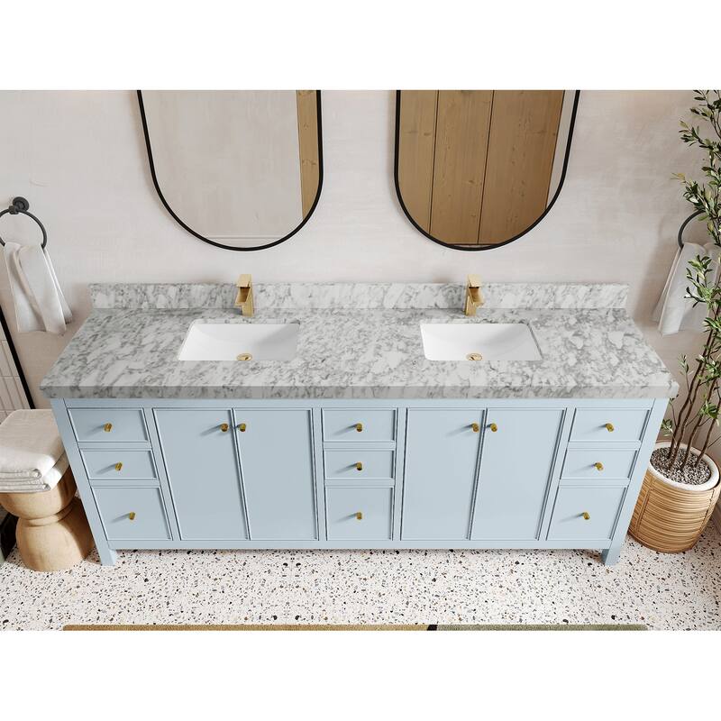 Willow Collections 84 in. W x 22 in. D Chicago Double Bowl Sink Bathroom Vanity with Countertop - 2”Carrara Marble - Blue Heather