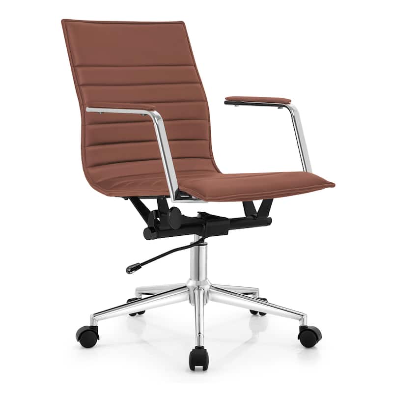 Modern Office Desk Chair | Upholstered PU Leather Ribbed Mid Back with Metal Frame | Adjustable Height, Tilt Lock