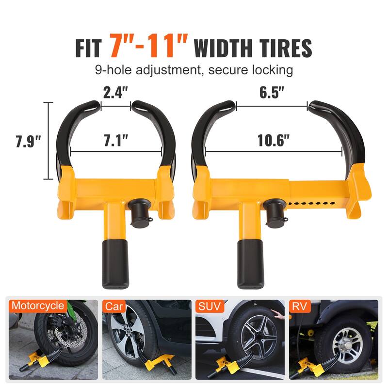 Wheel Lock for ATV RV SUV Car Golf Cart Boats Motorcycles, with 6 Keys - 7.1 to 10.6 inches