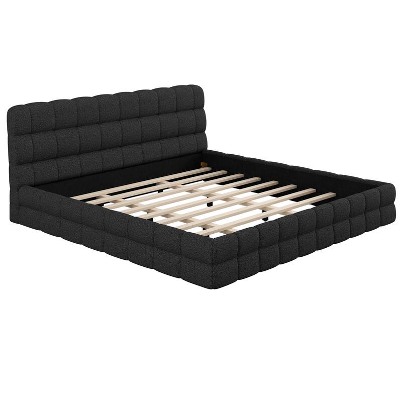 Upholstered Platform Bed with Headboard, No Box Spring Needed Low Profile Bed, Wood Slat Support Grounding Bed