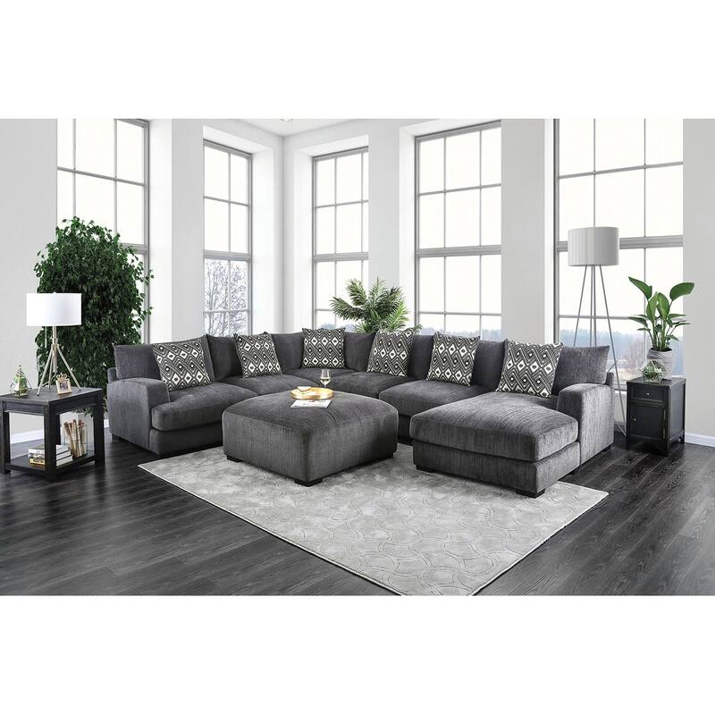 Chenille Upholstered Ottoman in Gray Finish