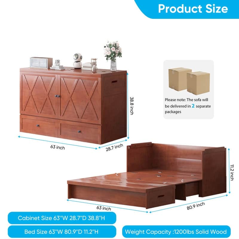 Mixoy Queen Size Murphy Bed with Charging Station & Storage Drawer,Space-Saving Design,Optional Mattress