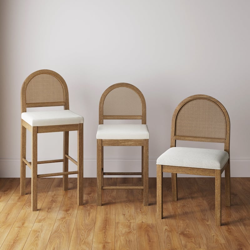 Bailey 19 in. Boucle Dining Chair, Upholstered Side Chair with Natural Woven Rattan Back and Solid Wood Legs