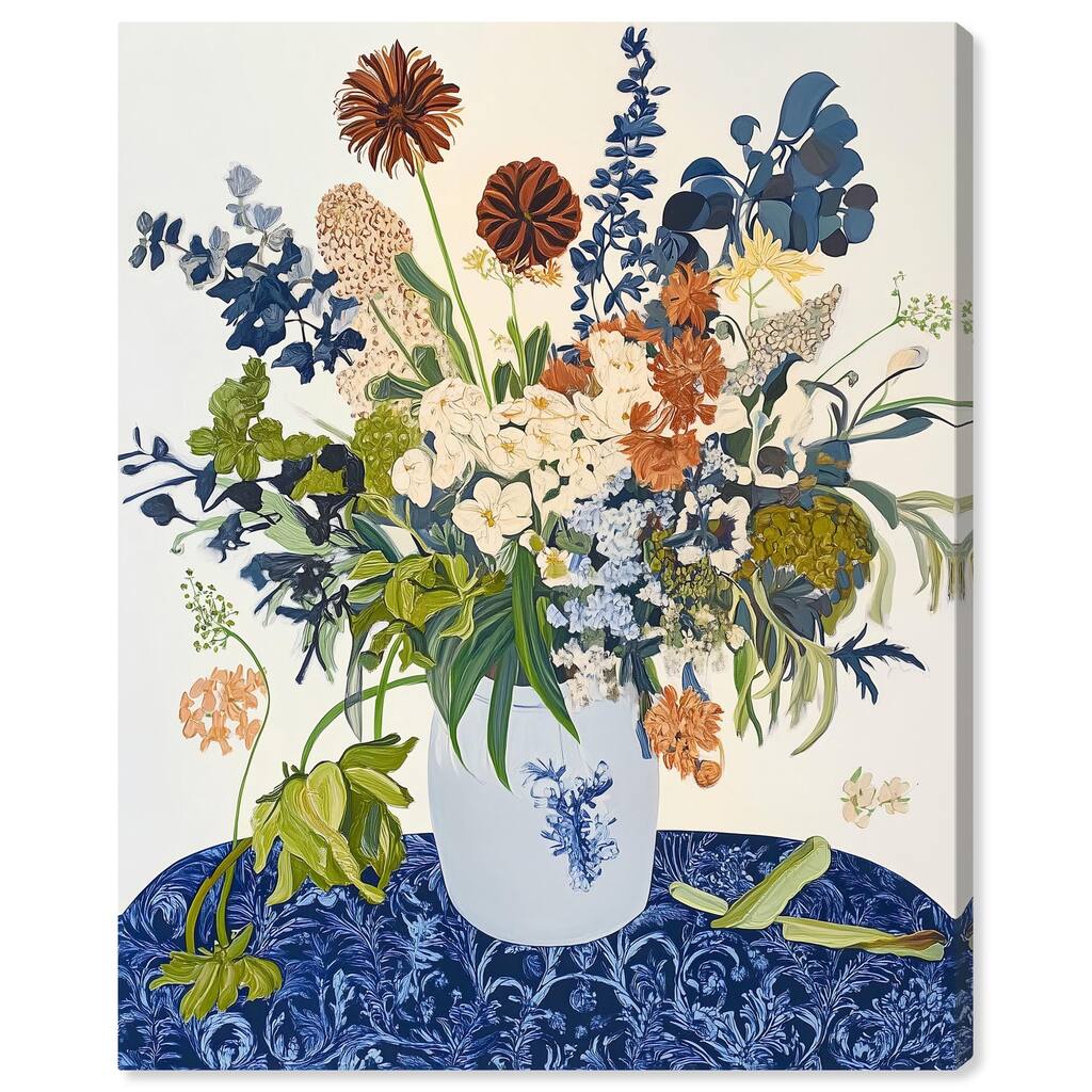 Dahlia Dream in Delft Blue Canvas by Art Remedy, Gallery Wrapped