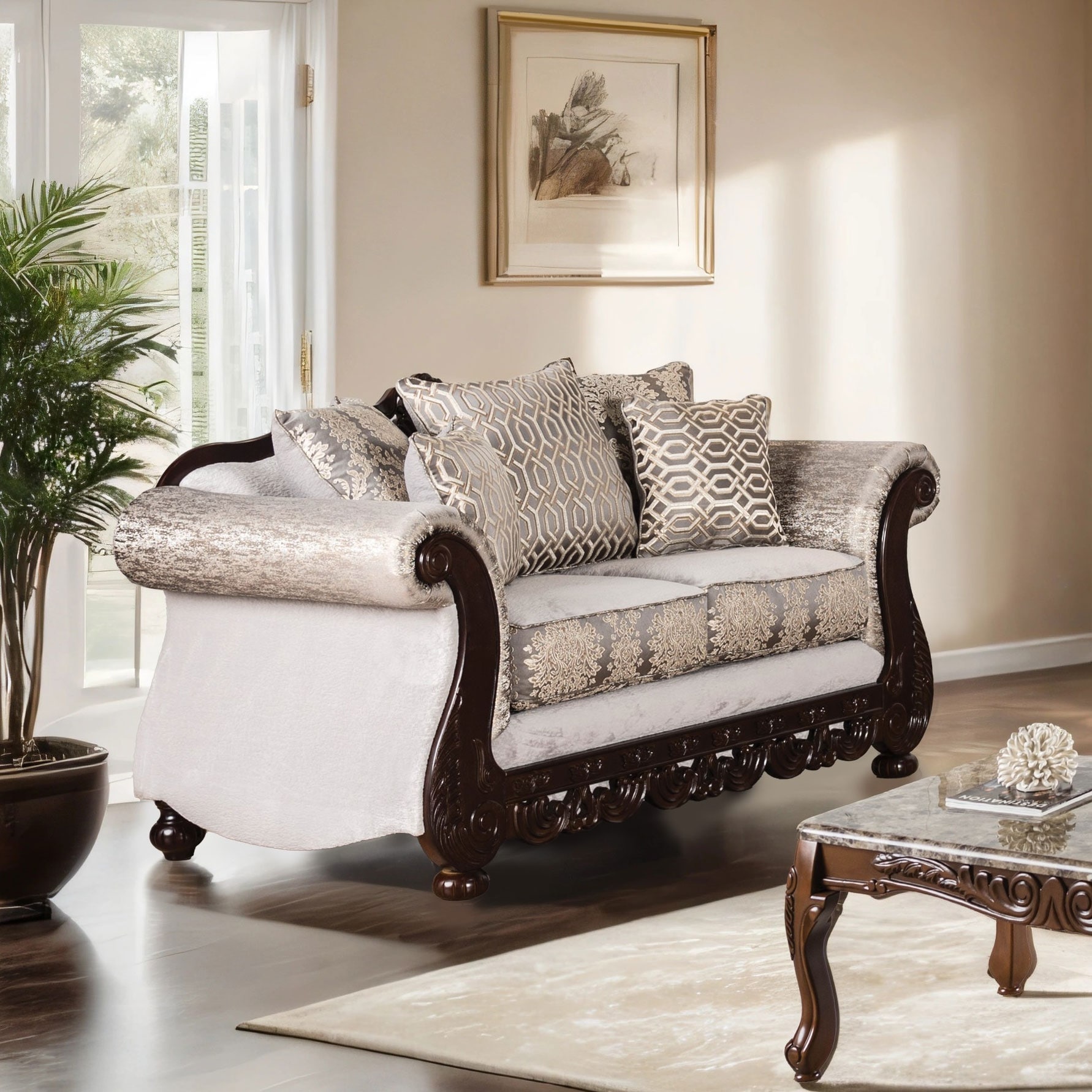 Furniture of America Naree USA Made Traditional 2-Seater Beige and Dark Cherry Loveseat