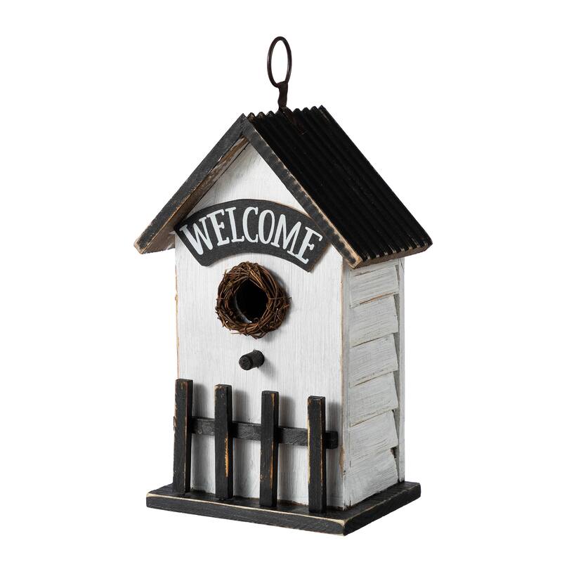 Glitzhome 11"H Washed White Solid Wood Fence Outdoor Garden Birdhouse