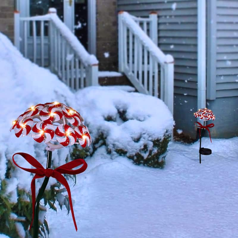 Alpine Corporation 20"H Outdoor Christmas Solar Candy Cane Lawn Stakes with LED Lights, Red/White (Set of 2) - Red
