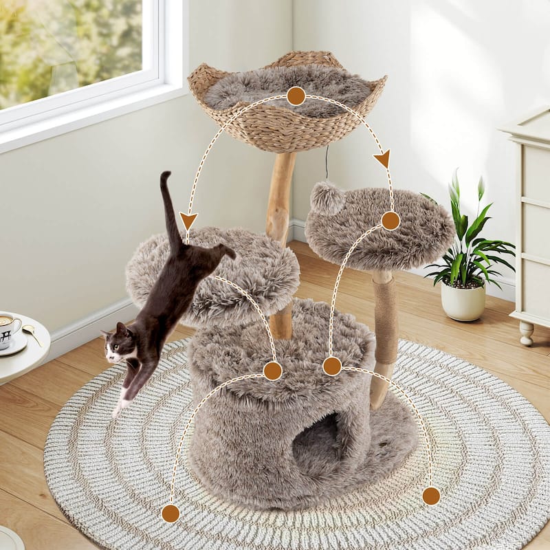Costway Solid Wood Cat Tree with Well-woven Cattail Basket Luxury - as pic shows - See Details