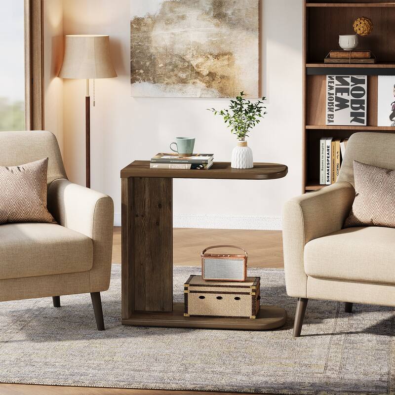 Solid Wood C-Shaped End Table, Sofa Couch Side Snack Accent Table, Living Room Bedroom Couch Table