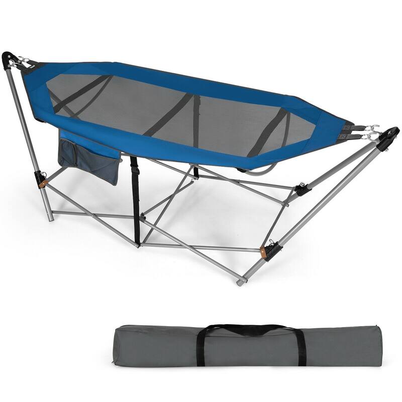 Gymax Folding Hammock Indoor & Outdoor Hammock with Side Pocket & Iron - Blue