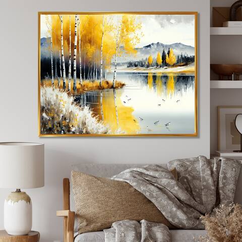 Designart "Monochrome Golden Birch Trees By The Lake IV" Landscape Framed Canvas Art Print