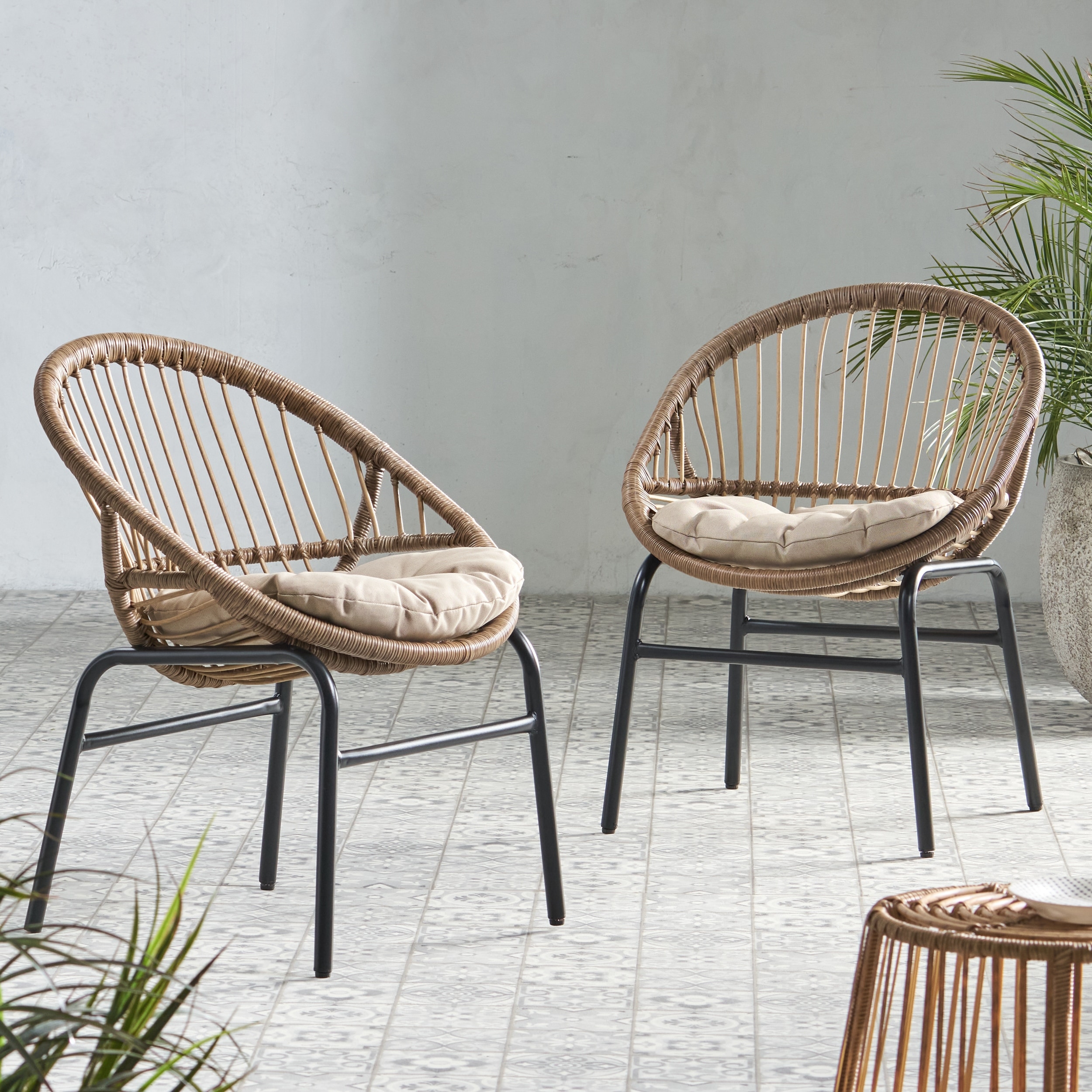 Roomfitters Boho Outdoor Rattan Chairs with Cushions and Metal Legs, Set of 2, Natural