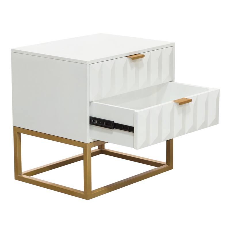 Fiva Nightstand, 2 Drawers, White Solid Mango Wood, Gold Iron Legs