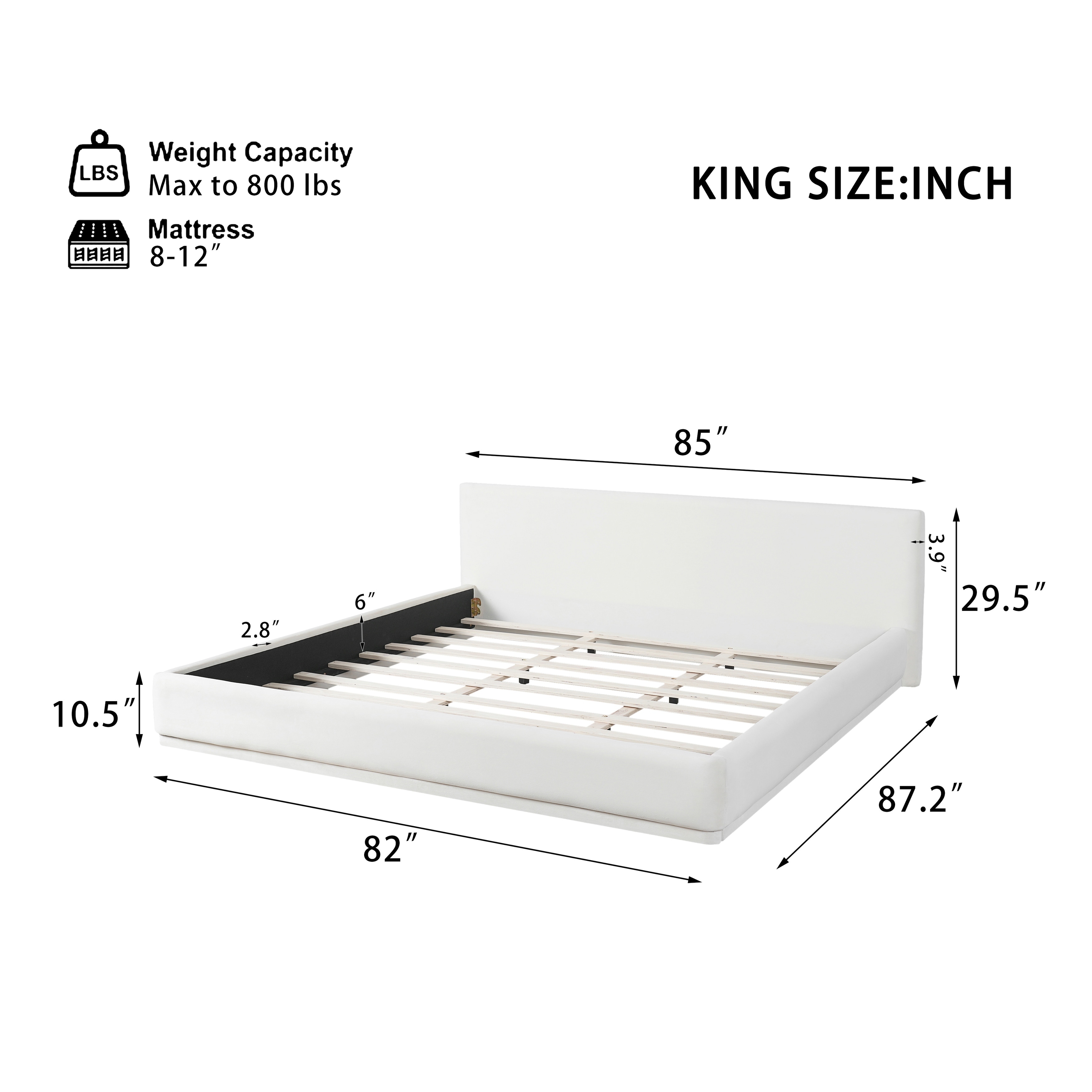 Roomfitters Soft Upholstered Bed Frame, Padded Headboard, White