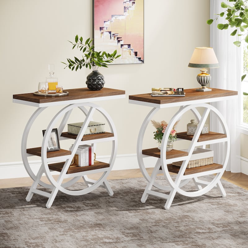 End Table Set of 2, 3-tier Narrow Side Table with Storage for Living Room - 11.8" D x 25.59" W x 26.18" H - Light Brown&White