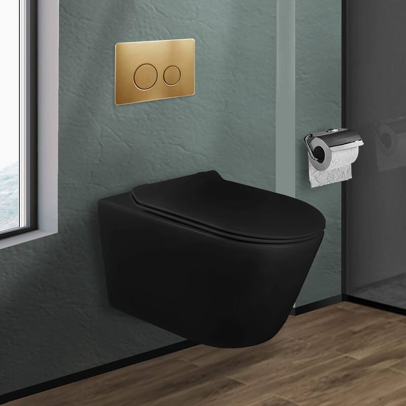 In-Wall toilet Combo Set - Toilet, Tank (2 x 4 Wall), Carrier System - Satin Brass Round - Push Plates (Metal) - Black Bowl