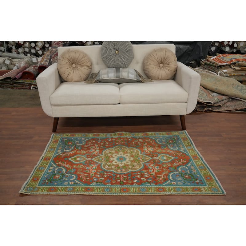 Hand Knotted Oriental 100% Wool Carpet Traditional Floral Oranges & Rust Tabriz Area Rug - 4' 8'' X 3' 2''